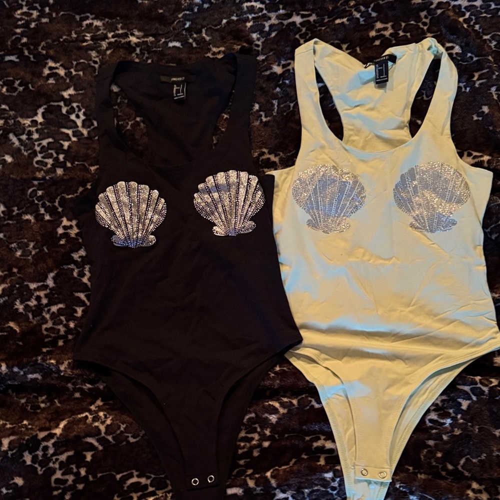 Forever 21 Black and Cream Shell Applique Bodysuits